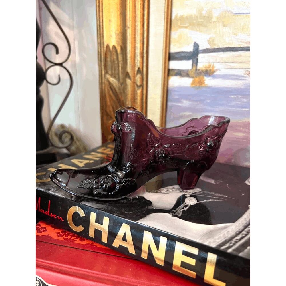 Fenton Black Amethyst Cabbage Rose Glass Shoe Slipper Figurine Vintage Art Glass